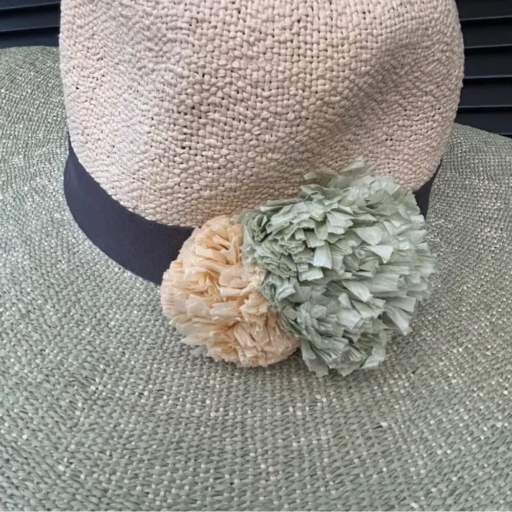C.C 100% Paper Wide Brim TwoToned Hat, Raffia Flowers on Gray Band Cream & Green